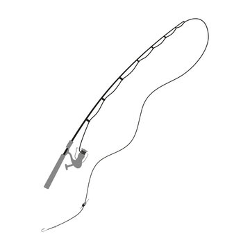 A modern grey spinning rod with a fishing reel, bent under tension with a long line, float, and sharp hook. Flat design vector element for fishing hobbies and sports. Vector illustration
