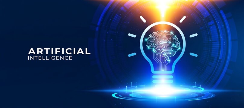  Artificial intelligence AI light bulb banner vector illustration with creative glowing neon light idea element. Futuristic dark blue technology concept new ai