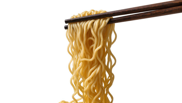 Dark wooden chopsticks holding cooked yellow ramen noodles, isolated on transparent background