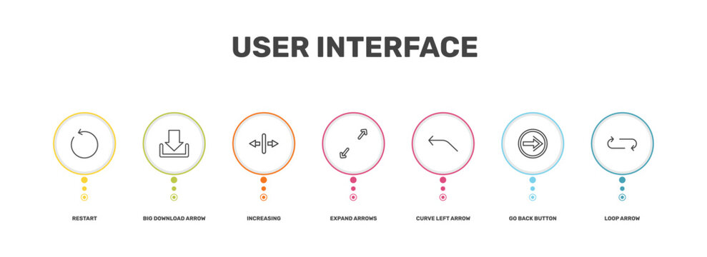 user interface icon set with restart, big download arrow, go back button, loop arrow signs in flat outline style
