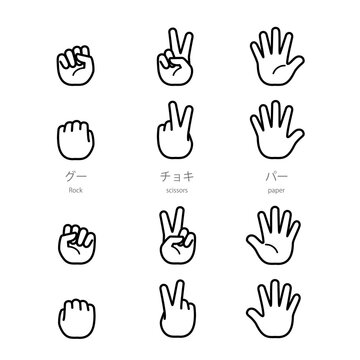 じゃんけんのハンドサイン（グー・チョキ・パー）ベクターアイコンセット　モノクロ線画