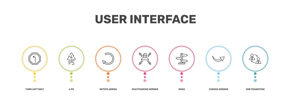 user interface icon set with turn left only, 6 ps, curved arrows, job transition signs in flat outline style