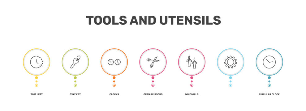 tools and utensils icon set with time left, tiny key, , circular clock signs in flat outline style