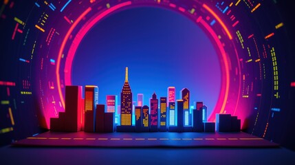 Fototapeta premium Neon cityscape within tunnel. Bright lights, geometric shapes create futuristic vibe. Minimalist design, dark background emphasizes glow.