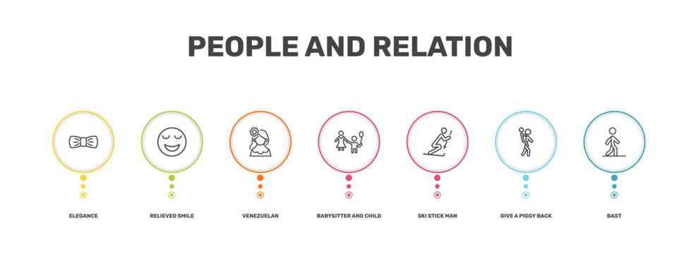 people and relation icon set with elegance, relieved smile, give a piggy back ride, bast signs in flat outline style
