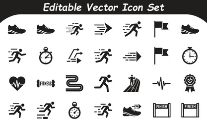 Fototapeta premium Fitness and athletic training vector icon collection with training marathon exercise performance