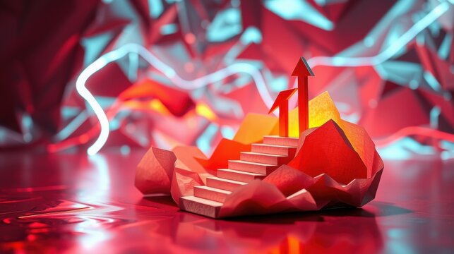 Abstract polygonal steps lead upwards. Bright red arrow points skyward. Dramatic lighting creates intense visual impact. Reflective surface adds depth.