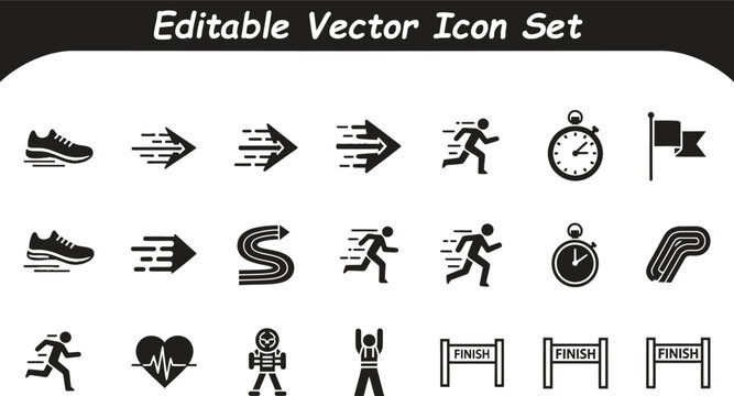 Set of simple flat icons for marathons and running events with marathon exercise training
