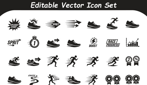 Running and fitness sport icon collection with athletes training exercise performance lifestyle