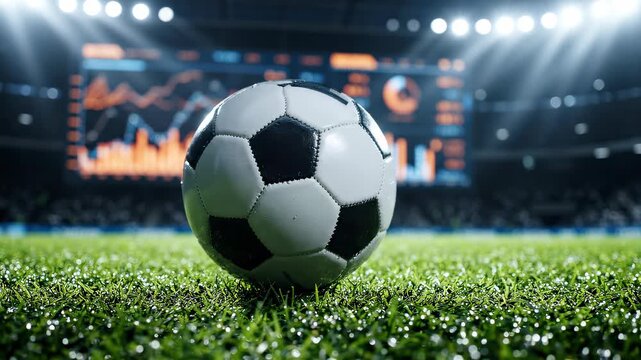 Close up of soccer ball on green grass in stadium with digital analytics screen background, concept for sports betting strategy, football data analysis and athletic performance tracking