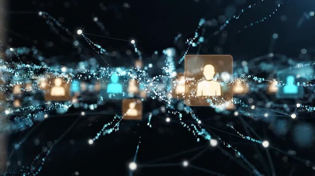 Futuristic digital networking interface with glowing profile icons and data streams on dark background, concept for human resources management, social networking and digital recruiting