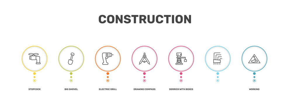 construction icon set with stopcock, big shovel, , working signs in flat outline style
