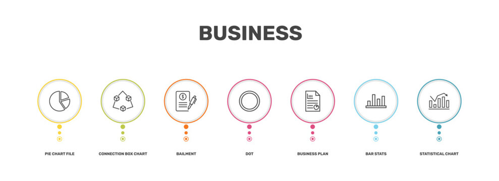 business icon set with pie chart file, connection box chart, bar stats, statistical chart signs in flat outline style