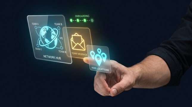 Hand Selecting Network Hub Module to Send Team Message, View Onboarding Status, and Locate Hub Branches Across Regions, Focusing on Team Communication, Distributed Management