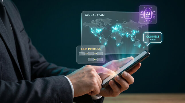 Professional Browsing Global Team Map on Smartphone to Track Hub Process Flow, Connect Regional Nodes, and Coordinate Cross-Border Operations, Focusing on Remote Collaboration, Global Workforce