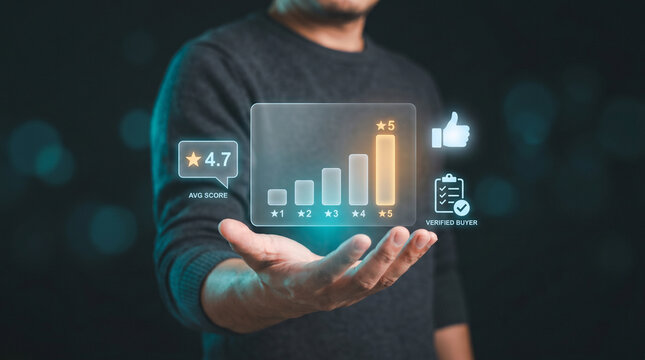 Businessman Holding Holographic Star Rating Chart to Display Average Score, Track Verified Buyer Feedback, and Analyze Review Distribution, Focusing on Customer Satisfaction, Performance Metric
