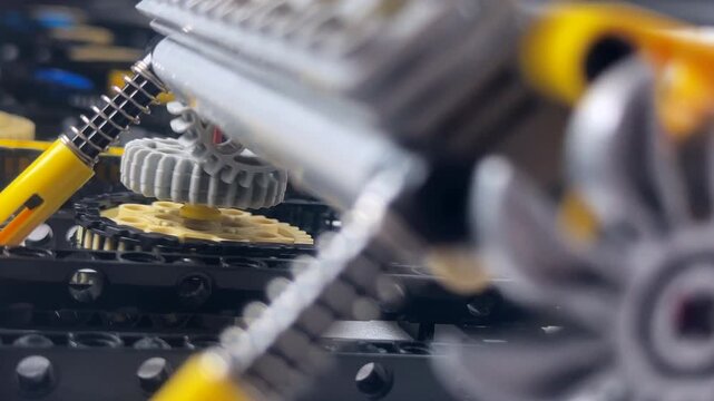 Perspective view of a functional plastic model toy simulation of an inline six cylinder motor