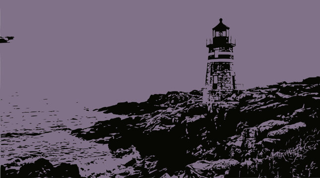 Lighthouse on rocky coast, dramatic purple sky, ocean waves, coastal landscape