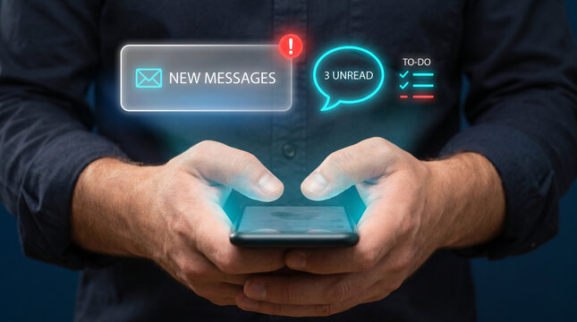 Man Holding Smartphone to View New Message Alerts, Check Unread Count Badge, and Organize Digital Todo List, Focusing on Mobile Notification, Email Management
