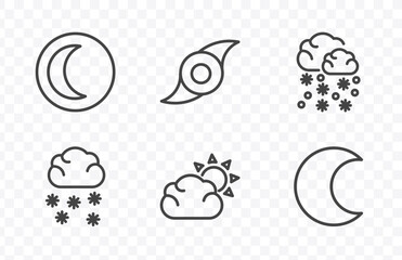Obraz premium weather icon set with waning moon, tropical storm, clouds and sun, waxing moon signs in flat outline style