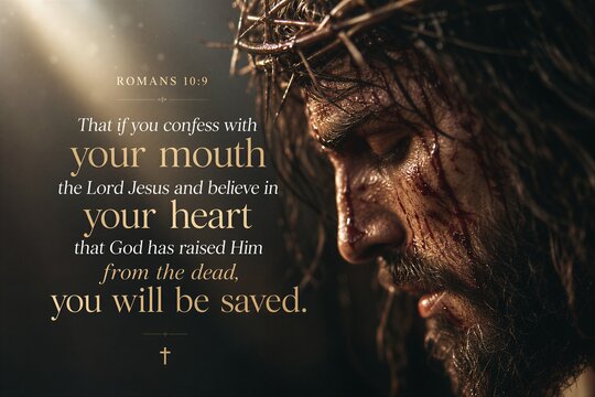 Path to Salvation: Romans 10:9 Scripture Art, Confessing Jesus as Lord, Believing in Resurrection, Receiving Eternal Life.