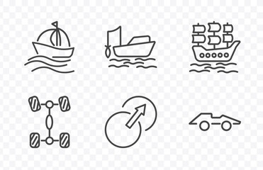 Obraz premium transportation icon set with sailing, fishing boat, transition, formula 1 signs in flat outline style