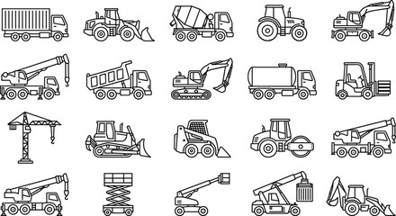Heavy Construction Vehicles and Machinery Vector Icon Set Featuring Outline Line Art Excavators Dump Trucks Cranes Bulldozer Forklift and Tractors for Industrial LayoutsHeavy Construction Vehicles and © Sonjoy