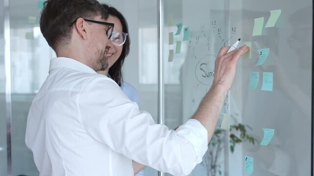 Business colleagues collaborating and problem solving, writing ideas and drawing a success mind map on a clear glass whiteboard with sticky notes during a meeting