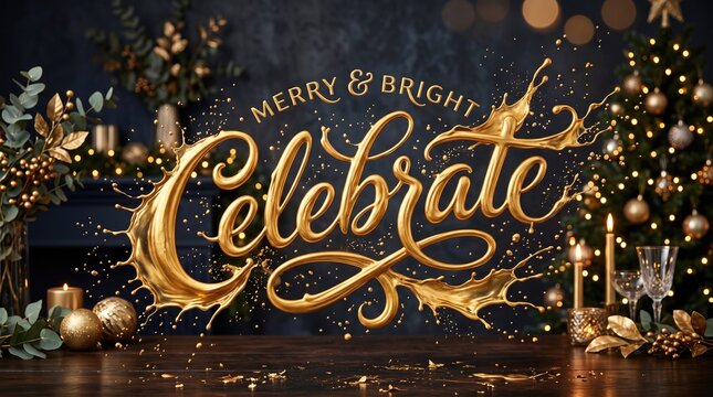 Golden liquid celebrate text with Merry and Bright typography, festive Christmas background with ornaments and tree, luxury holiday party banner