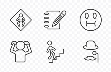 Fototapeta premium people icon set with baby zone, pencil and notebook, walking downstairs, sir signs in flat outline style