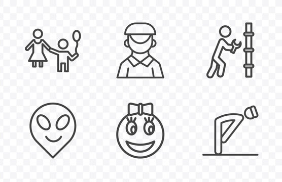 people and relation icon set with babysitter and child, dutch, girl smile, ruku signs in flat outline style