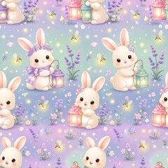 Obraz premium Cute easter bunny seamless pattern with lavender flowers and glowing lanterns background