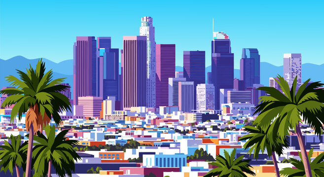 Downtown Los Angeles Skyline Vector Illustration with Palm Trees and Blue Sky