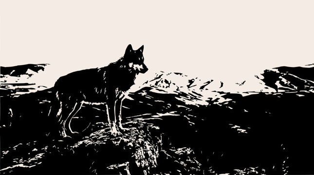 Lone wolf standing on rocky outcrop overlooking snowy mountains, monochrome