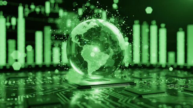 Glowing green crystal globe on a high-tech circuit board with financial stock market graphs background, concept for sustainable finance, global stock trading and green energy technology investment