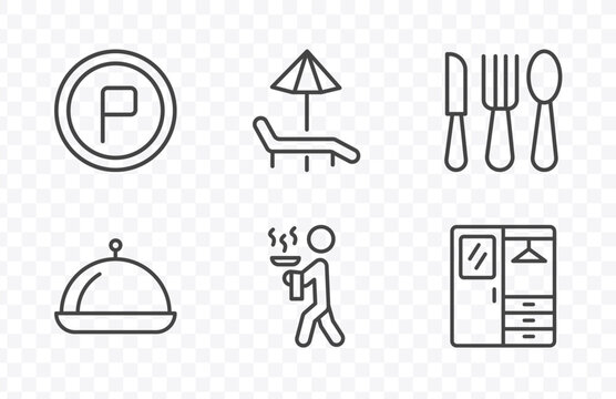 hotel and restaurant icon set with parking, hammock, servant, checkroom signs in flat outline style
