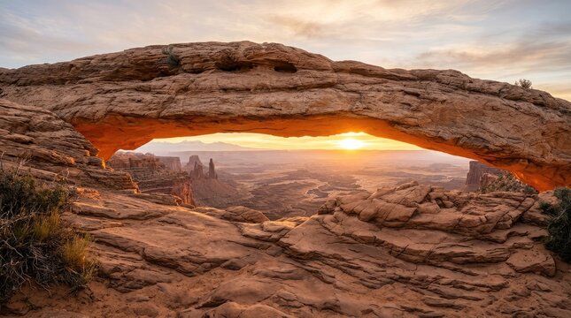 Sunset over colorado plateau through natural rock arch