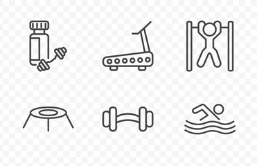 Fototapeta premium fitness and gym icon set with protein shake, running treadmill, barbell weightlifting, man swimming signs in flat outline style