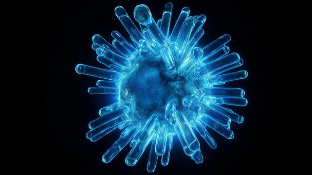 Surreal abstract bioluminescent blue crystalline fluid forming a bacteriophage virus, clean dark background
