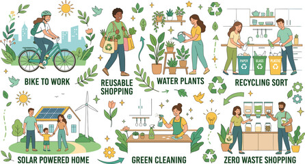 Fototapeta premium Eco Friendly Sustainable Lifestyle Vector Character Set for Green Cleaning and Zero Waste Living Illustrations