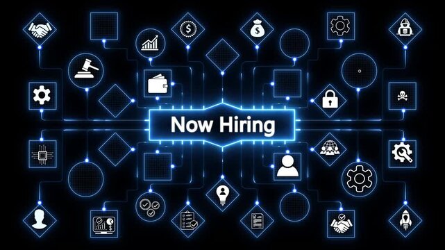 Now hiring Business finance concept on screen. glowing blue circular holographic display, sci-fi business concept , Futuristic technology interface, digital data visualization,4k animation video..