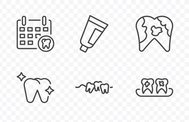 Fototapeta premium dental health icon set with dental appointment, toothpaste tube, malocclusion, plaque signs in flat outline style