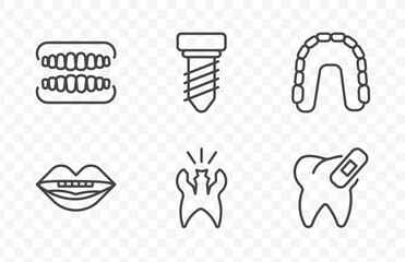 dental health icon set with dentures, implant fixture, cavity, damaged tooth signs in flat outline style © Abstract