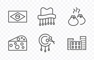 culture and civilization icon set with brazil flag, cork hat, native american drum, bo kaap signs in flat outline style © Abstract