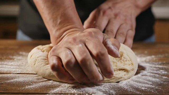 Hands kneading dough on a floured wooden surface, capturing the tactile, artisanal process of traditional baking in a warm kitchen setting.