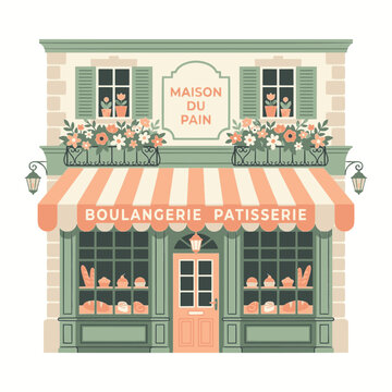 Charming French bakery facade illustration. Quaint Parisian boulangerie and patisserie storefront with a striped awning, flower boxes, and bread display. Vector graphic on a white background.