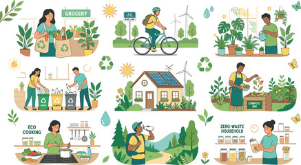Obraz premium Zero Waste Sustainable Lifestyle Vector Character Set for Eco Friendly House and Green Ecology Illustrations