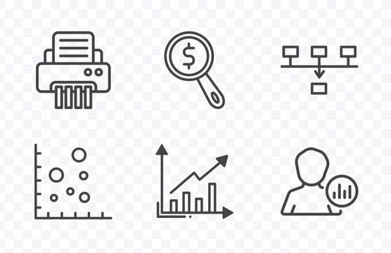 business and analytics icon set with paper shredder, dollar business search, graphs, user stats signs in flat outline style