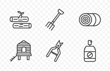 agriculture and farm icon set with wood logs, pitchfork, shears, insecticide signs in flat outline style © Abstract