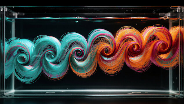 Colorful Cyan and Orange Swirling Fluid Ink Vortex Patterns Inside a Glass Tank on Dark Black Background, Abstract Fluid Dynamics and Science Art Photography